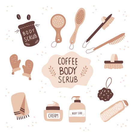 Coffee scrub and massage brushes. Cellulite cosmetic.のイラスト素材