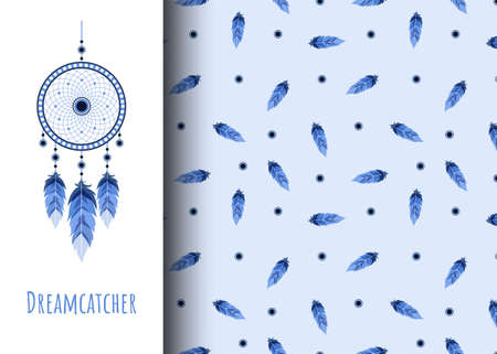 Dream catcher with Fatima eye. Seamless pattern with feathers.のイラスト素材