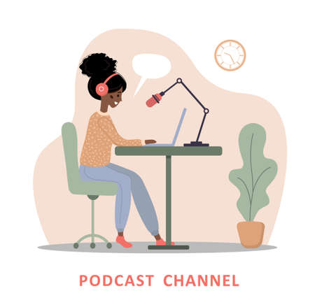 Podcast concept. African woman in headphones at table recording audio broadcast.のイラスト素材