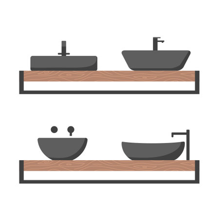 Modern ceramic black vessel sink on a wooden shelf.のイラスト素材