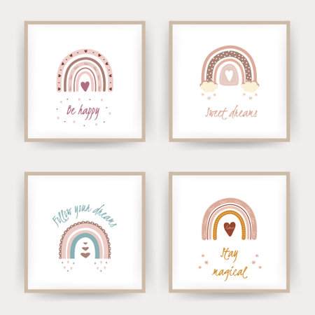 Posters with boho rainbows. Lettering Sweet dreams and be happy.のイラスト素材