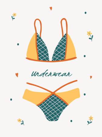 Modern female lingerie or swimwear. Trendy hand drawn underwear or bikini tops and bottoms.のイラスト素材