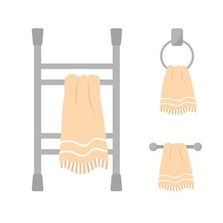 Heated towel rail set. Equipments with hand drawn towels for bathroom. Metal towel rack. Vector illustration in flat cartoon style.のイラスト素材