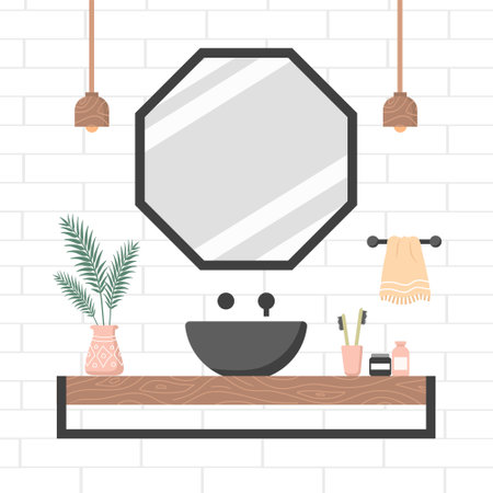 Modern bathroom interior in scandinavian style. Cozy contemporary white room with mirror and black sink on a wooden shelf.のイラスト素材
