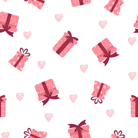 Seamless pattern with pink gift boxes with bows and ribbons. Happy Valentines day. Cute romantic background.のイラスト素材