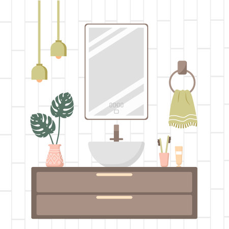 Modern bathroom interior. Cozy white room with mirror and vessel bowl.のイラスト素材