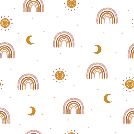 Seamless pattern with abstract rainbow and moon. Contemporary design for wallpaper and home decor.のイラスト素材