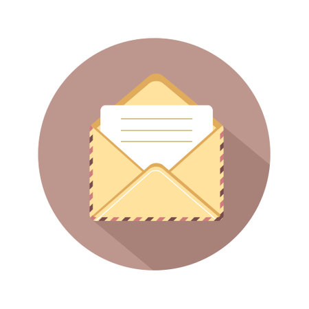 Envelope with stamp. E-mail icon. Retro postcard and craft paper. Written letter or correspondence. Vector illustration in flat cartoon style.のイラスト素材