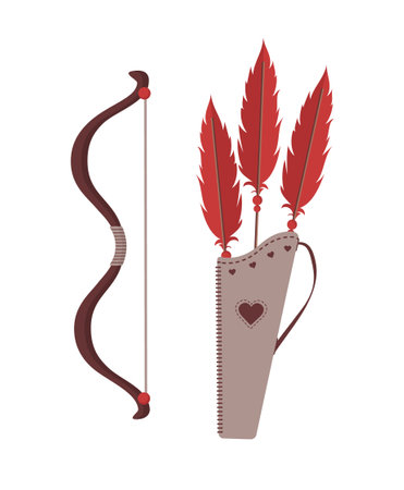 Cupids arrows, bow and quiver. Valentines weapon isolated on white background. Cute festive elements of 14 february. Vector illustration in flat cartoon styleのイラスト素材