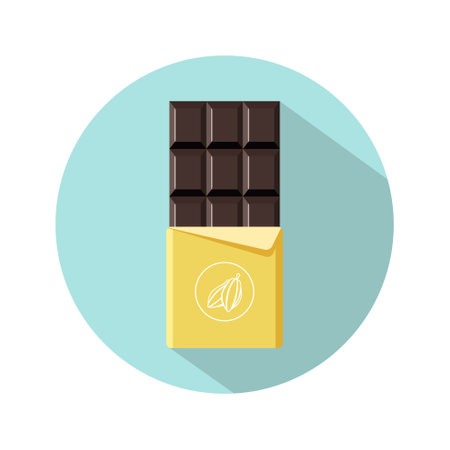 Chocolate bar icon. Open tasty bitter chocolate in foil packaging. Flat dessert and sweet. Vector illustration in cartoon style.のイラスト素材