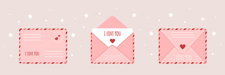 Pink envelope set in cartoon style. Mail with love message. Happy Valentines Day. I love you.