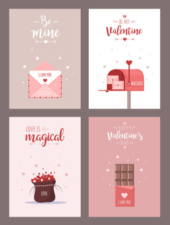 Valentines card. Retro collection with hearts, envelope and sweets. Typography poster. Cartoon greeting design. Vector illustration in flat styleのイラスト素材