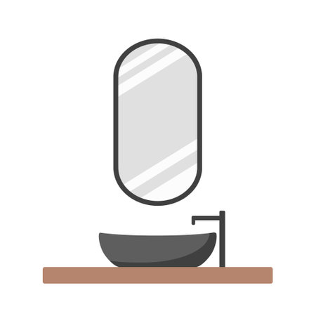 Modern bathroom interior in scandinavian style. Cozy contemporary white room with mirror with black frame and dark sink. Vector illustration in flat cartoon styleのイラスト素材