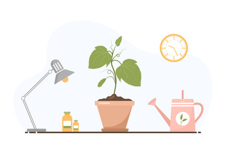 Seedling of cucumbers in a pot. Growing gardening plants. Vegetarian and ecological products. Vector illustration in flat cartoon style. Plant care conceptのイラスト素材