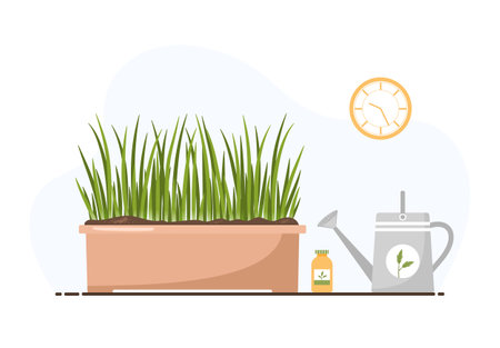 Seedling of onion in a pot. Growing gardening plants on the windowsill. Vegetarian and ecological products. Vector illustration in flat cartoon style. Plant care conceptのイラスト素材