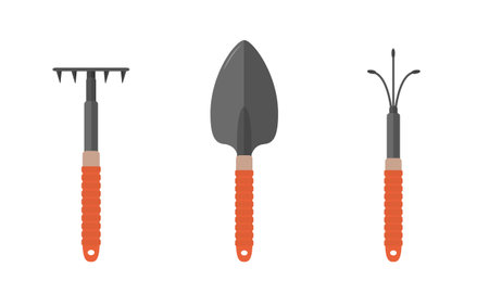 Garden tools. Shovel, rake and hand cultivator isolated on white background. Vector illustration in flat cartoon style. Domestic orangery and care concept. Gardening and farming hobbiesのイラスト素材
