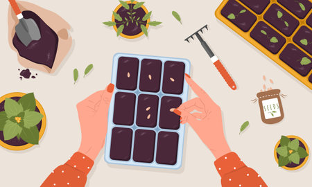 Spring seedlings. Female hands plants seeds in the ground. Top view. Vector illustration in flat cartoon style. Domestic orangery and care concept. Gardening hobbyのイラスト素材