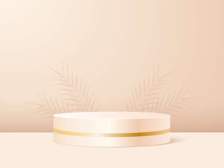 Product podium in beige pastel background with shadow leaves. Abstract minimal scene to presentation or show cosmetic. Vector realistic platform. 3d renderのイラスト素材