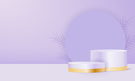 Product display stand in violet pastel background with shadow leaves. Abstract minimal scene to presentation or show cosmetic. Vector realistic podium. 3d renderのイラスト素材