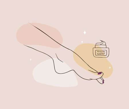 Female pedicured feet. Lady painting, polishing nails. Nail polish and nail file. Vector Illustration of elegant female feet in a trendy minimalist style. Beauty logo for nail studio or spa salonのイラスト素材