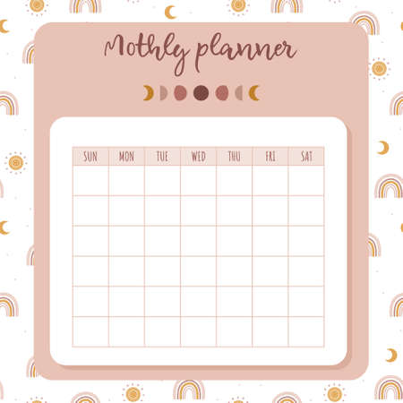 Cute monthly planner in boho style. Daily, weekly template. Business organizer page. Kids schedule. Flat cartoon vector illustrationのイラスト素材