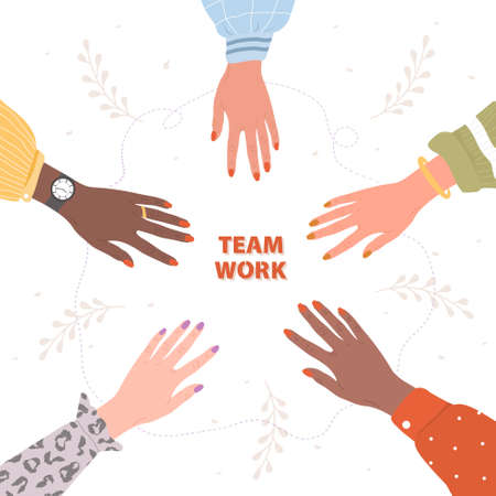 Stack of female hands. Unity and teamwork concept. Arms of successful business women. Partnership community. Vector illustration in flat cartoon styleのイラスト素材