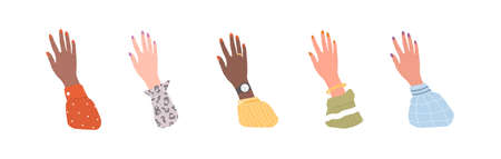 Raised female hands. Group human arms of different skin color. Racial equality. Multiethnic friendship. Femininity concept. Vector illustration in flat cartoon styleのイラスト素材