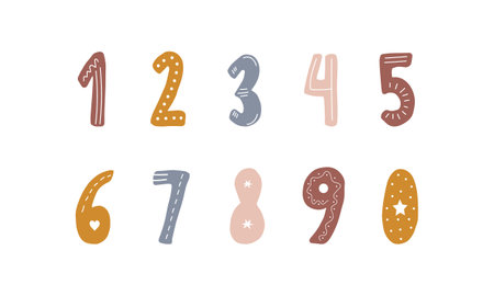 Hand drawn numbers in boho style. Cute symbols for banners, nursery design, postcards. Clipart isolated in white background. Vector illustration in flat cartoon styleのイラスト素材