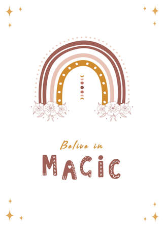 Posters with abstract rainbow and moon. Believe in magic. Scandinavian design for wallpaper and home decor. Contemporary geometric backgrounds. Modern vector illustration in flat styleのイラスト素材
