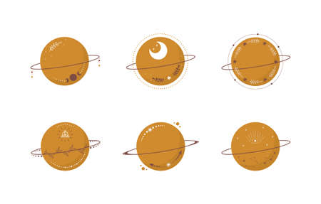 Set of abstract aesthetic boho planets. Scandinavian design for wallpaper and home decor. Contemporary geometric element. Modern vector illustration in flat styleのイラスト素材