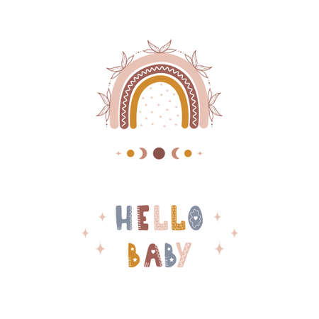 Rainbow boho poster. Hello baby. Scandinavian design for children wallpaper and home decor. Cute pastel vector illustration in cartoon styleのイラスト素材