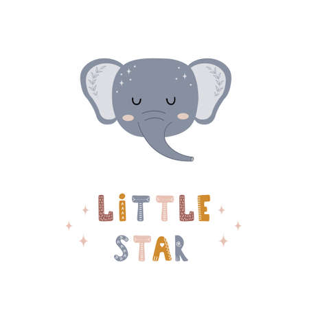 Cute boho elephant. Little star. Scandinavian poster for children wallpaper and home decor. Cute pastel vector illustration in cartoon styleのイラスト素材