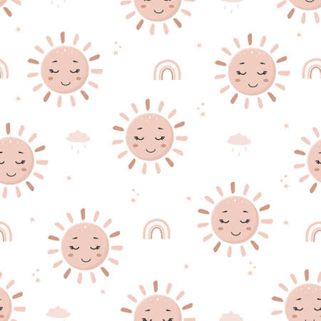 Seamless pattern with cute boho sun. Contemporary design for wallpaper and home decor. Modern vector illustration in flat cartoon styleのイラスト素材