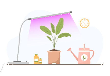 Seedling lamp. Growing gardening plants with purple light. Vegetarian and ecological products under phyto lamp. Vector illustration in flat cartoon style. Plant care conceptのイラスト素材