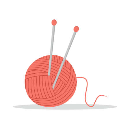 Ball of thread with knitting needles. Cute hand drawn skein. Tailor shop elements. Vector illustration in flat cartoon styleのイラスト素材
