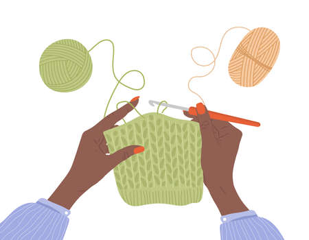 Crochet knitting process. African female hands with hook and thread. Balls of yarn. Top view of the workplace. Tailor shop elements. Hand drawn vector illustration in flat cartoon styleのイラスト素材