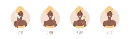 Facial massage steps. African woman do cosmetic spa procedures for face with jade nephrite roller. Morning routine. Skin care concept. Organic products. Vector illustration in flat cartoon styleのイラスト素材
