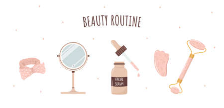 Rose quartz roller and gua sha scraper. Set of facial massage tool. Chinese skin care concept. Morning routine. Vector illustration in flat cartoon styleのイラスト素材