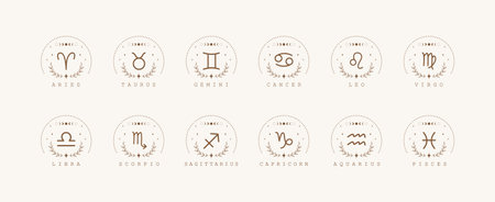 Zodiac signs in boho style. Set of astrological icons isolated on white background. Mystery and esoteric. Horoscope logo vector illustration. Spiritual tarot cardのイラスト素材