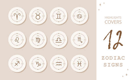 Zodiac signs in boho style. Highlights Stories Covers for popular social media. Set of astrological icons isolated on white background. Mystery and esoteric. Horoscope logo vector illustrationのイラスト素材