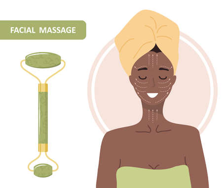 Jade facial roller. Chinese gua sha massage. African woman portrait with lymphatic massage scheme. Chinese skin care concept. Morning routine. Vector illustration in flat cartoon styleのイラスト素材