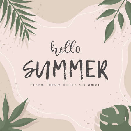 Hello Summer banner. Calligraphy quote. Vintage background with tropical leaves. Vector illustration in flat styleのイラスト素材