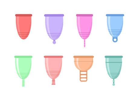 Set of different silicone menstrual cups. Eco-friendly, washable intimate product. Zero waste supplies for personal hygiene. Plastic-free concept. Flat vector illustration of woman hygieneのイラスト素材