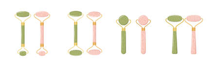 Jade facial roller. Chinese gua sha massage. Collection of different shape natural pink quartz and green nephrite stones. Skin care and morning routine. Vector illustration in flat cartoon styleのイラスト素材