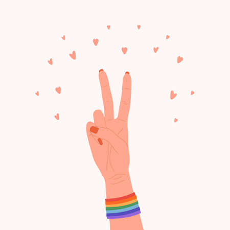 Female hand in peace gesture with rainbow bands. Happy Pride Month concept. Gay parade element. LGBT rights. Vector illustration in flat cartoon style. Social media post, card or bannerのイラスト素材