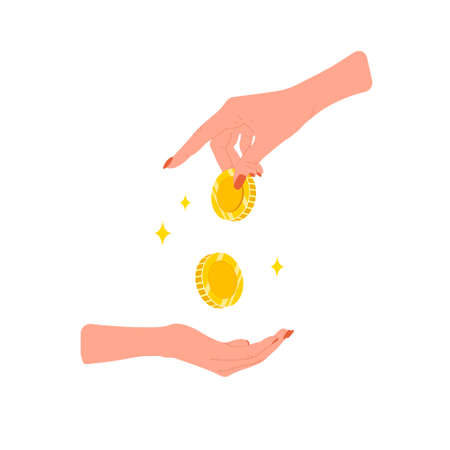 Transfer money. Female hand giving golden coins. Donation, charity or payday concept. Financial symbol. Banking or business services. Vector illustration in flat cartoon styleのイラスト素材