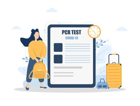 Woman with PCR test. New normal for travel. Healthy girl with bagpack ready to fly. Covid-19 test negative result certificate. Vector illustration in flat cartoon styleのイラスト素材