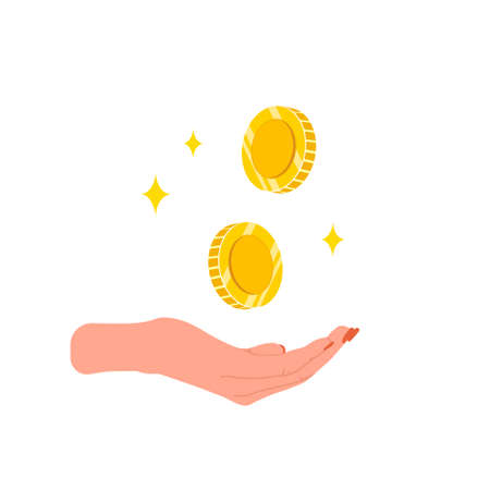 Save money concept. Female hand holding golden coins. Investments in future. Financial symbol. Banking or business services. Vector illustration in flat cartoon styleのイラスト素材