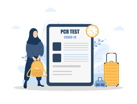 Woman with PCR test. New normal for travel. Healthy muslim girl with bagpack ready to fly. Covid-19 test negative result certificate. Vector illustration in flat cartoon styleのイラスト素材