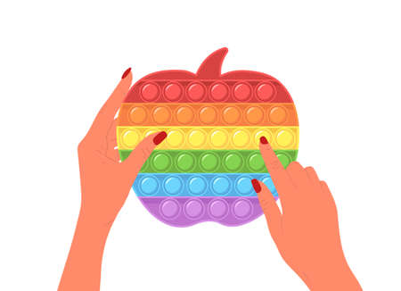 Pop it fidget. Trendy sensory plaything in female hands. Apple shape antistress children game. Colorful hand toy with push bubbles. Vector illustration in flat cartoon styleのイラスト素材